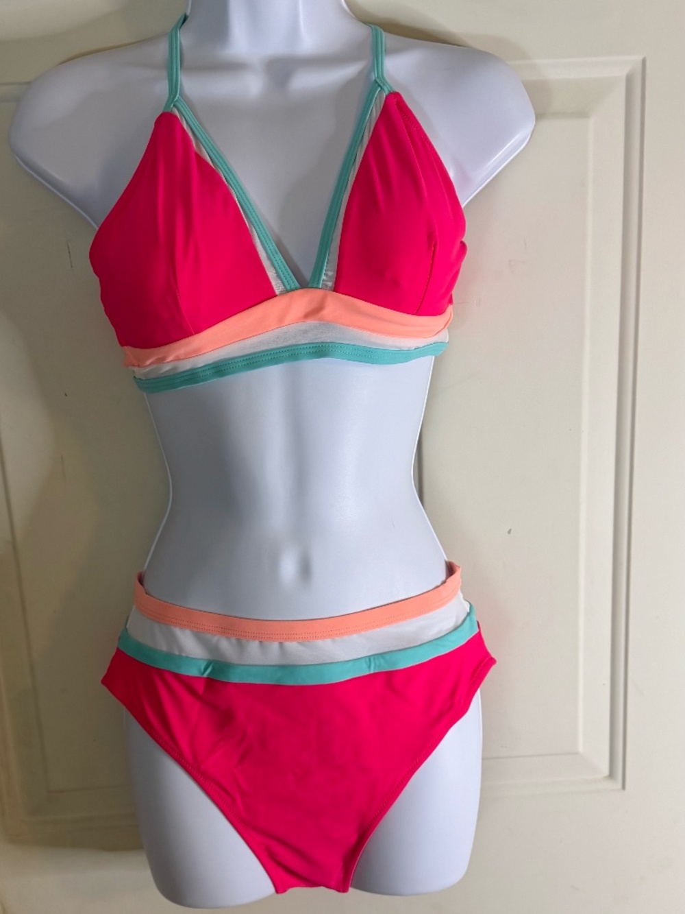 Neon Pink Bikini Set POPVIL Size Small Colorblock Bright Summer Swim NWT